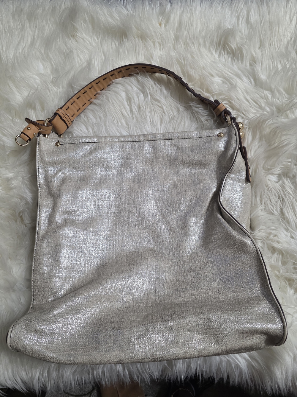 Metallic Silver Leather Shoulder Bag with Tan Strap